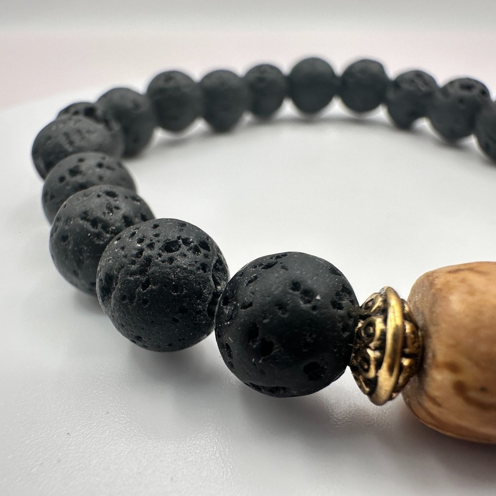 Vintage 90s Black Lava Rock Beaded Stretch Bracelet Classic Fashion Jewelry 90s